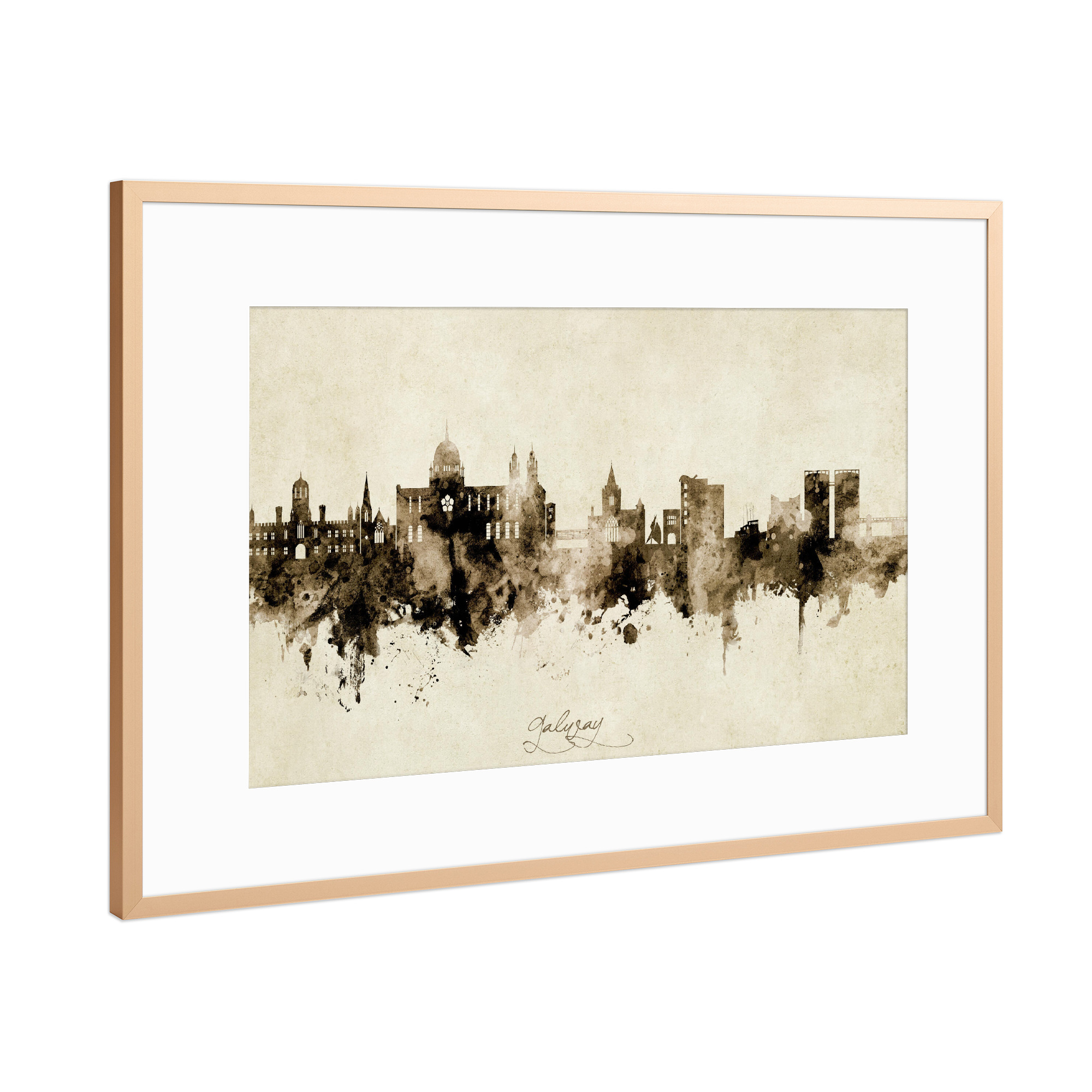 Poster mit Rahmen Kupfer "Galway Ireland Skyline Sepia" artboxONE - Städte - Galway,Ireland,Skyline,Cityscape,Stadtbild,Watercolor,Painting
