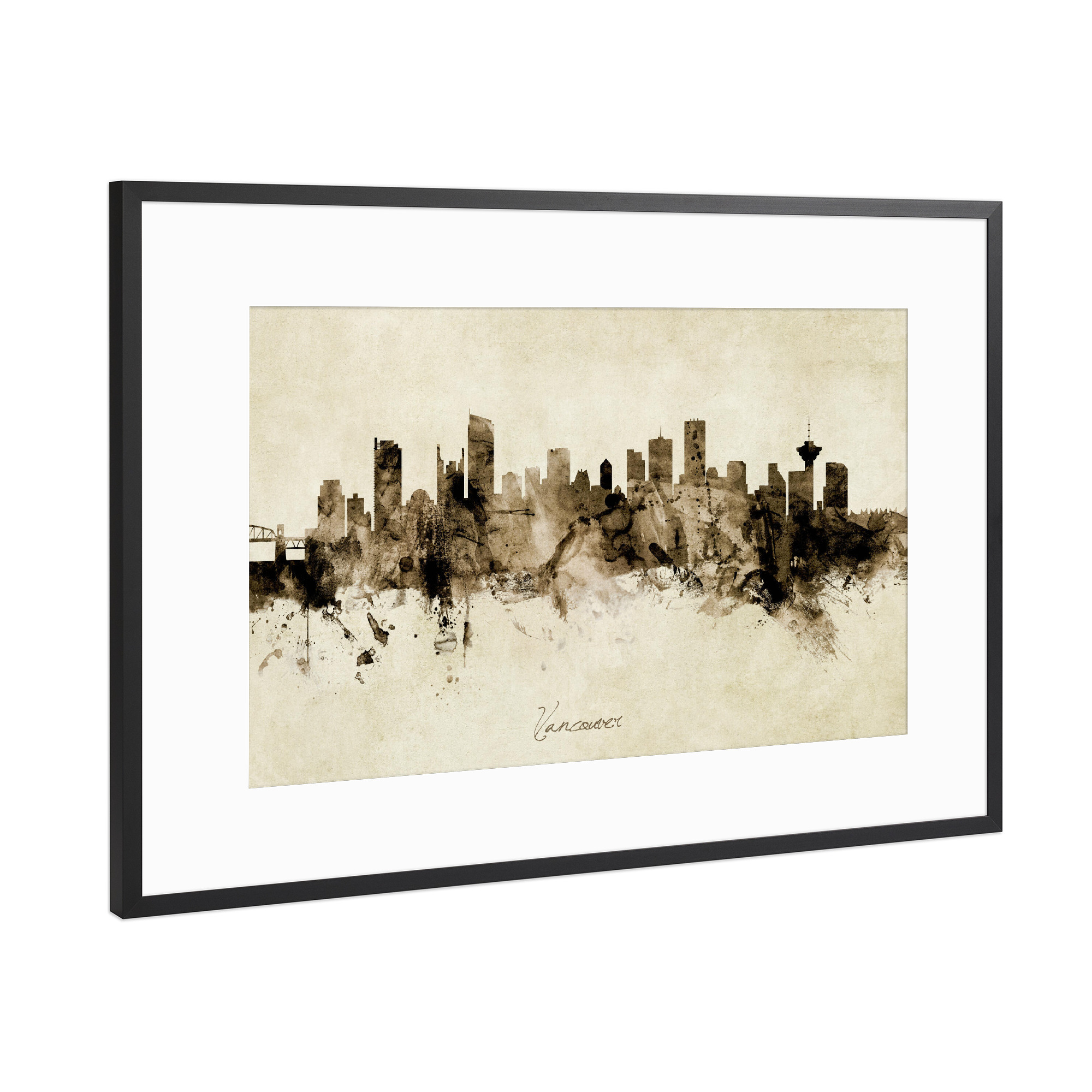Poster mit Rahmen Schwarz (Metallic) "Vancouver Canada Skyline Sepia" artboxONE - Städte
