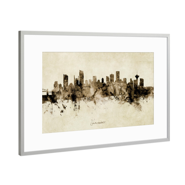 Poster mit Rahmen Silber "Vancouver Canada Skyline Sepia" artboxONE - Städte - Vancouver,Canada,Skyline,Cityscape,Stadtbild,Watercolor,Painting