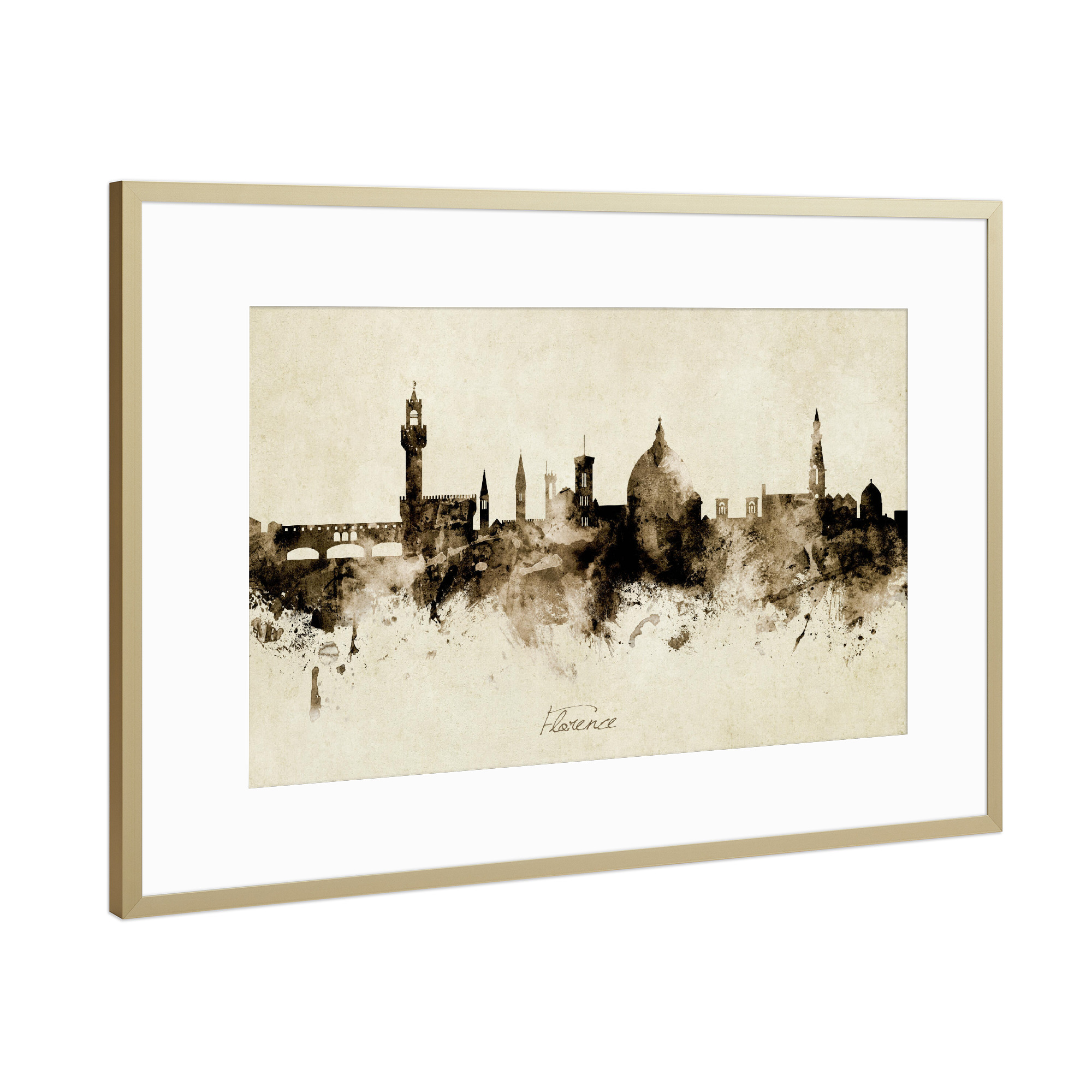 Poster mit Rahmen Gold "Florence Italy Skyline Sepia" artboxONE - Städte - Florence,Italy,Skyline,Cityscape,Stadtbild,Watercolor,Painting