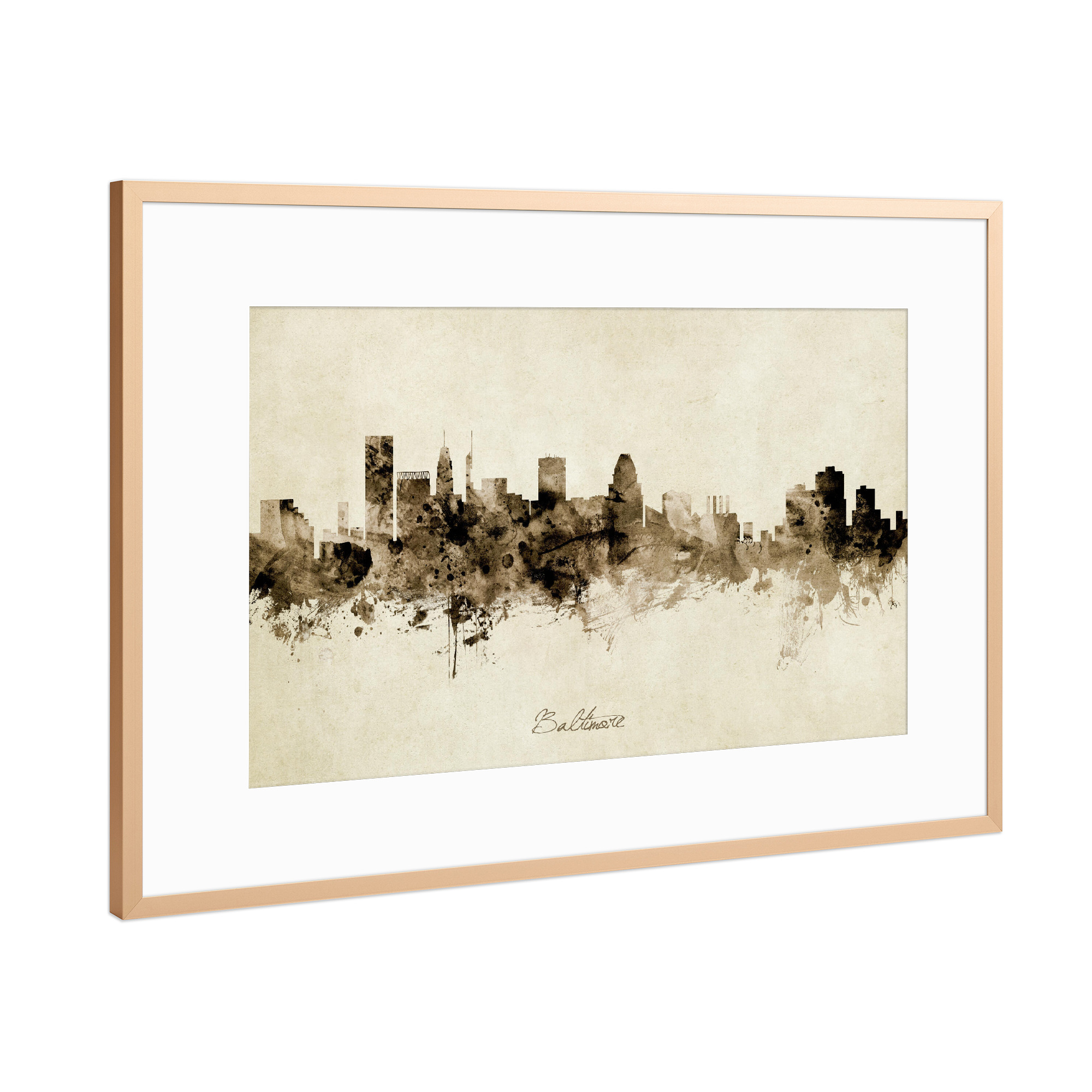 Poster mit Rahmen Kupfer "Baltimore Maryland Skyline Sepia" artboxONE - Städte - Baltimore,Maryland,Skyline,Cityscape,Stadtbild,Watercolor,Painting