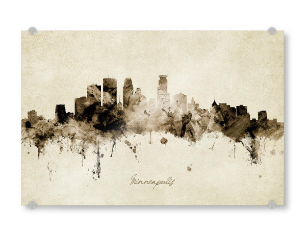 Acrylglasbild "Minneapolis Skyline Sepia" artboxONE - Städte - Minneapolis,Minnesota,Skyline,Cityscape,Stadtbild,Watercolor,Painting