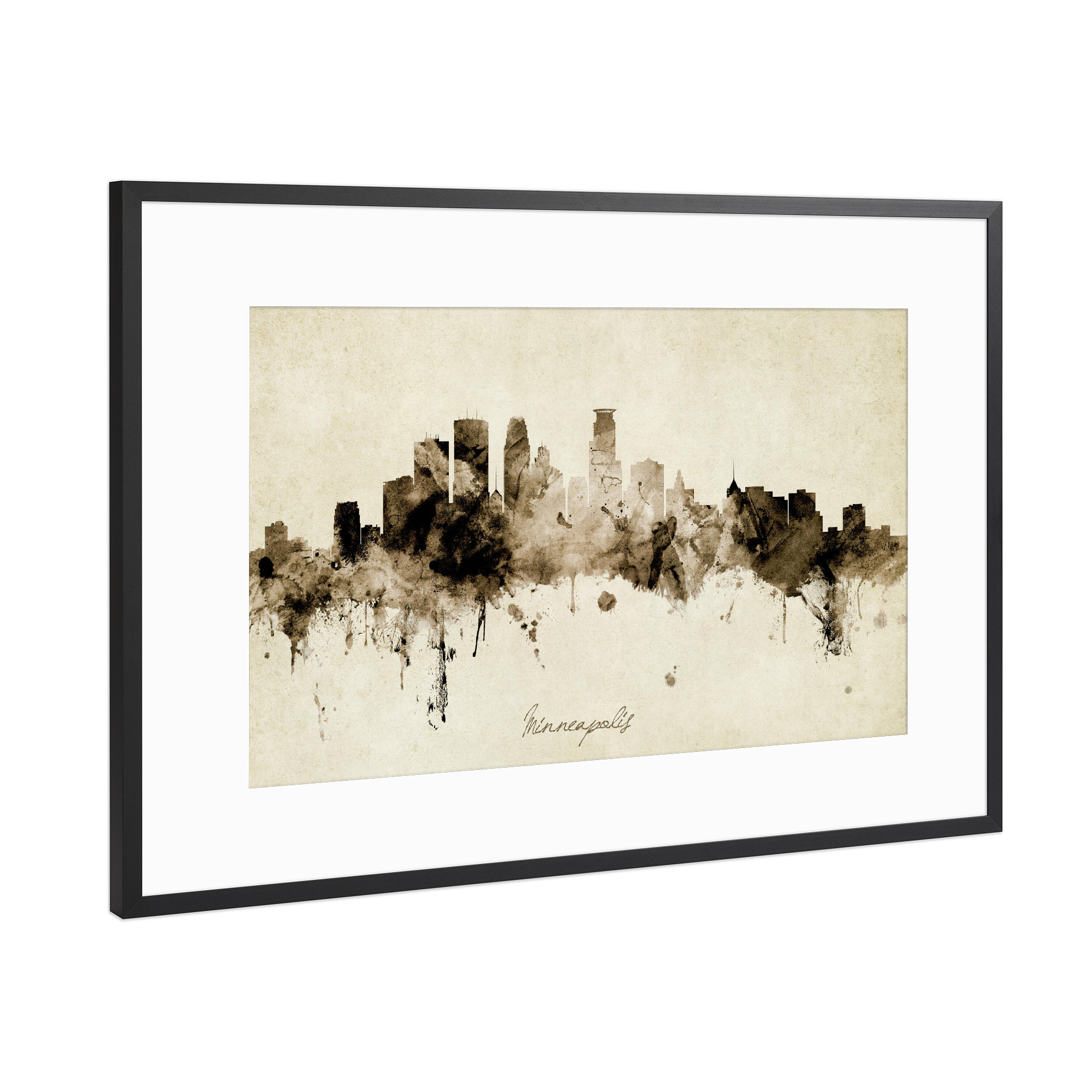 Poster mit Rahmen Schwarz (Metallic) "Minneapolis Skyline Sepia" artboxONE - Städte
