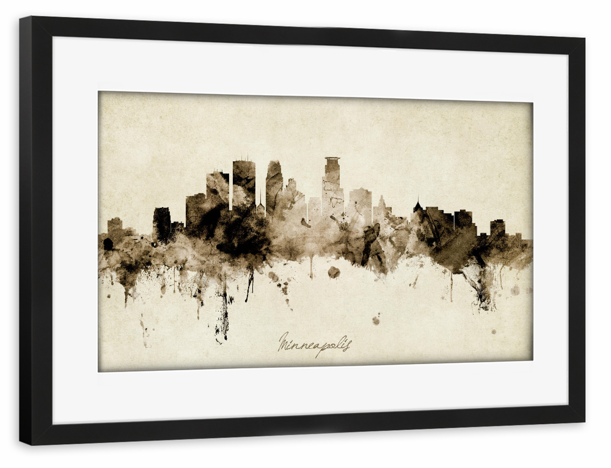 Poster mit Rahmen schwarz "Minneapolis Skyline Sepia" artboxONE - Städte - Minneapolis,Minnesota,Skyline,Cityscape,Stadtbild,Watercolor,Painting