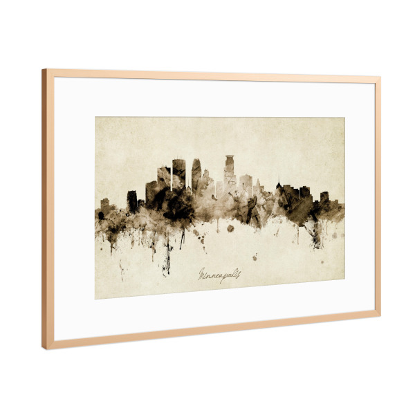 Poster mit Rahmen Kupfer "Minneapolis Skyline Sepia" artboxONE - Städte - Minneapolis,Minnesota,Skyline,Cityscape,Stadtbild,Watercolor,Painting
