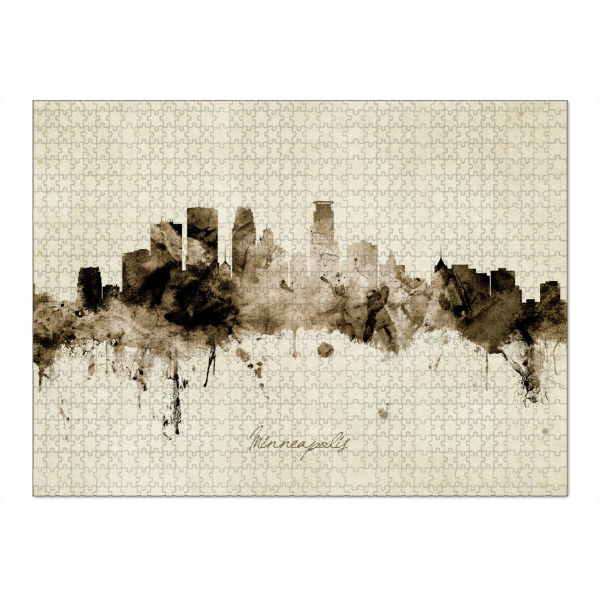 Puzzle Ravensburger "Minneapolis Skyline Sepia" artboxONE - Städte - Minneapolis,Minnesota,Skyline,Cityscape,Stadtbild,Watercolor,Painting