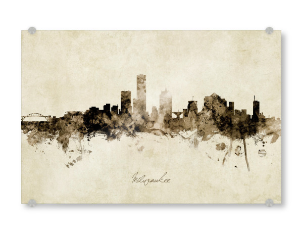 Acrylglasbild "Milwaukee Wisconsin Skyline Sepia" artboxONE - Städte - Milwaukee,Wisconsin,Skyline,Cityscape,Stadtbild,Watercolor,Painting