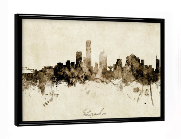 Poster mit schwarzem Rahmen "Milwaukee Wisconsin Skyline Sepia" artboxONE - Städte
