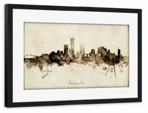 Poster mit Rahmen schwarz "Milwaukee Wisconsin Skyline Sepia" artboxONE - Städte - Milwaukee,Wisconsin,Skyline,Cityscape,Stadtbild,Watercolor,Painting