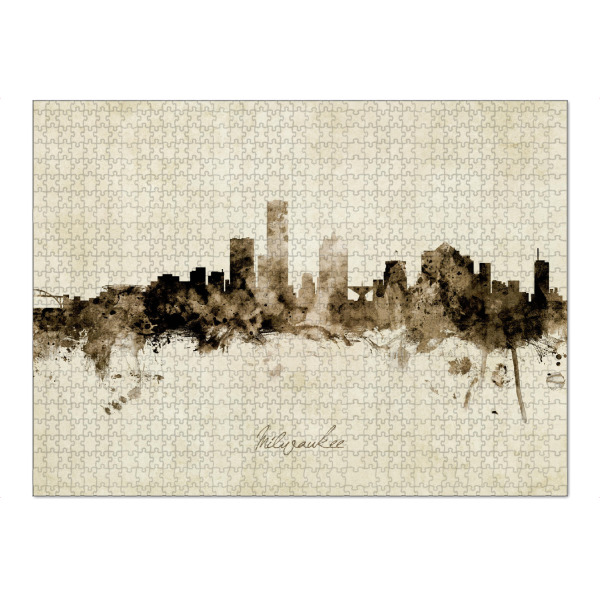 Puzzle Ravensburger "Milwaukee Wisconsin Skyline Sepia" artboxONE - Städte - Milwaukee,Wisconsin,Skyline,Cityscape,Stadtbild,Watercolor,Painting