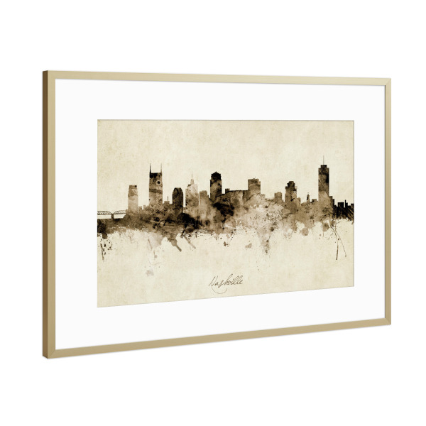 Poster mit Rahmen Gold "Nashville Tennessee Skyline Sepia" artboxONE - Städte - Nashville,Tennessee,Skyline,Cityscape,Stadtbild,Watercolor,Painting