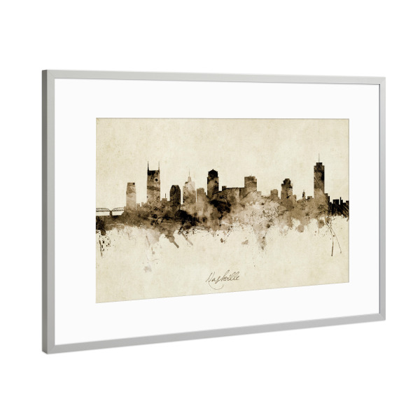 Poster mit Rahmen Silber "Nashville Tennessee Skyline Sepia" artboxONE - Städte - Nashville,Tennessee,Skyline,Cityscape,Stadtbild,Watercolor,Painting