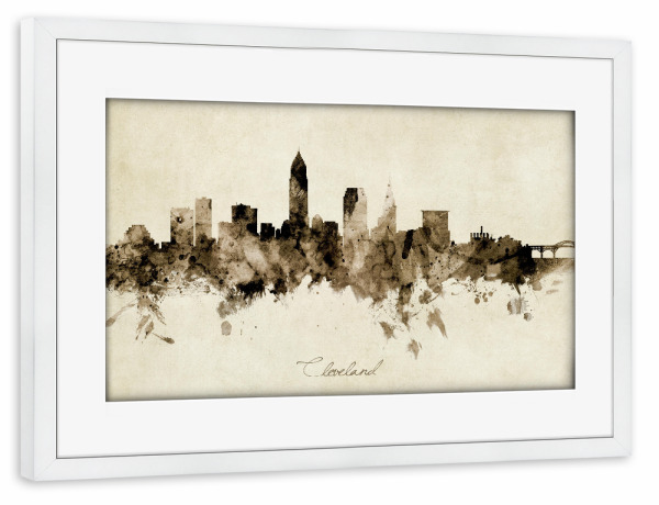 Poster mit Rahmen weiß "Cleveland Ohio Skyline Sepia" artboxONE - Städte - Cleveland,Ohio,Skyline,Cityscape,Stadtbild,Watercolor,Painting