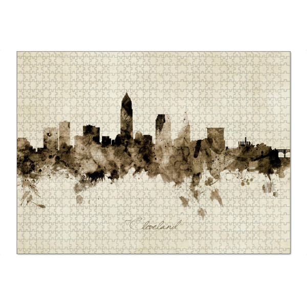 Puzzle Ravensburger "Cleveland Ohio Skyline Sepia" artboxONE - Städte - Cleveland,Ohio,Skyline,Cityscape,Stadtbild,Watercolor,Painting