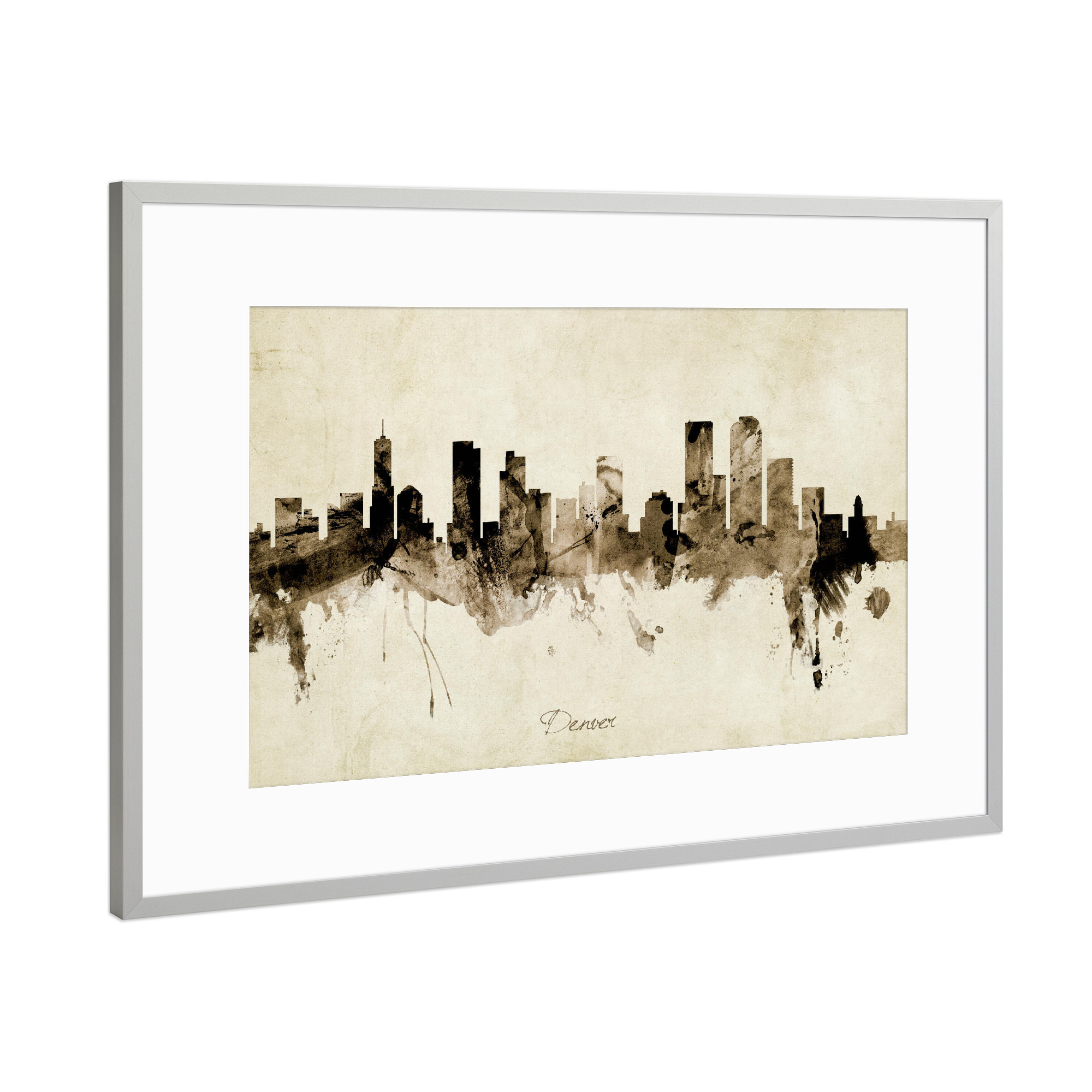 Poster mit Rahmen Silber "Denver Colorado Skyline Sepia" artboxONE - Städte - Denver,Colorado,Skyline,Cityscape,Stadtbild,Watercolor,Painting