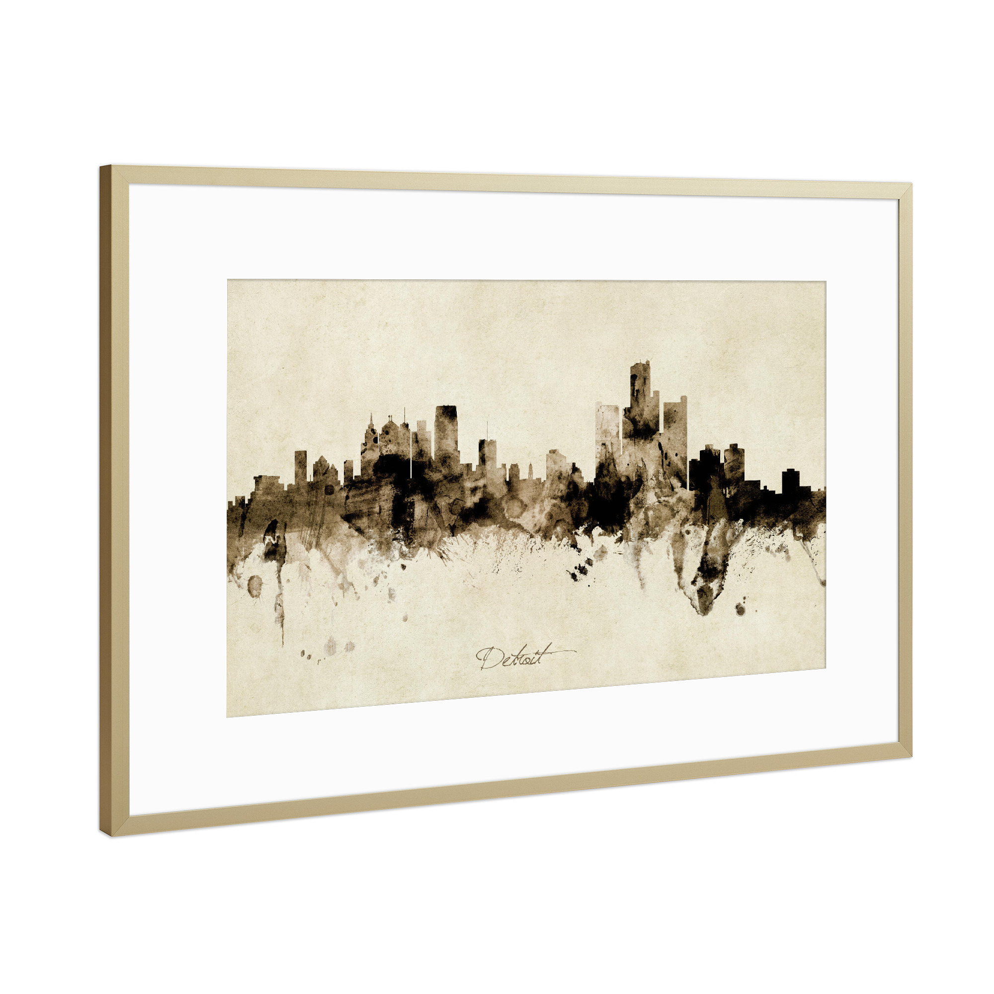 Poster mit Rahmen Gold "Detroit Michigan Skyline Sepia" artboxONE - Städte - Detroit,Michigan,Skyline,Cityscape,Stadtbild,Watercolor,Painting