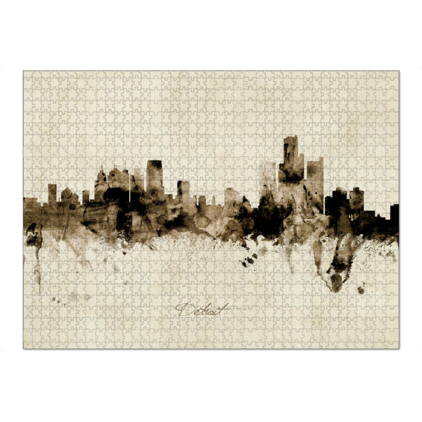 Puzzle Ravensburger "Detroit Michigan Skyline Sepia" artboxONE - Städte - Detroit,Michigan,Skyline,Cityscape,Stadtbild,Watercolor,Painting