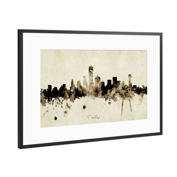 Poster mit Rahmen Schwarz (Metallic) "Dallas Texas Skyline Sepia" artboxONE - Städte - Dallas,Texas,Skyline,Cityscape,Stadtbild,Watercolor,Painting