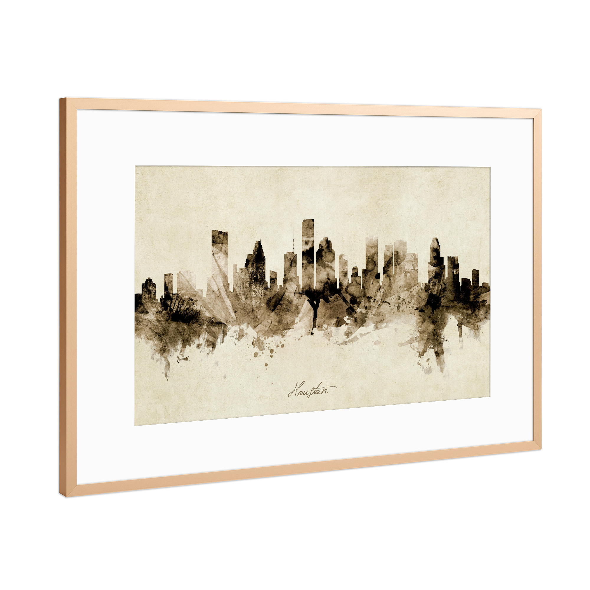 Poster mit Rahmen Kupfer "Houston Texas Skyline Sepia" artboxONE - Städte - Houston,Texas,Skyline,Cityscape,Stadtbild,Watercolor,Painting