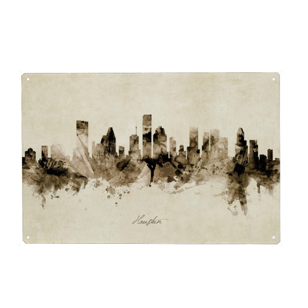 Holzbild "Houston Texas Skyline Sepia" artboxONE - Städte - Houston,Texas,Skyline,Cityscape,Stadtbild,Watercolor,Painting