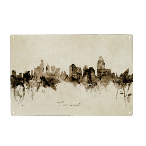 Metall Poster "Cincinnati Ohio Skyline Sepia" artboxONE - Städte - Cincinnati,Ohio,Skyline,Cityscape,Stadtbild,Watercolor,Painting - Blechschild