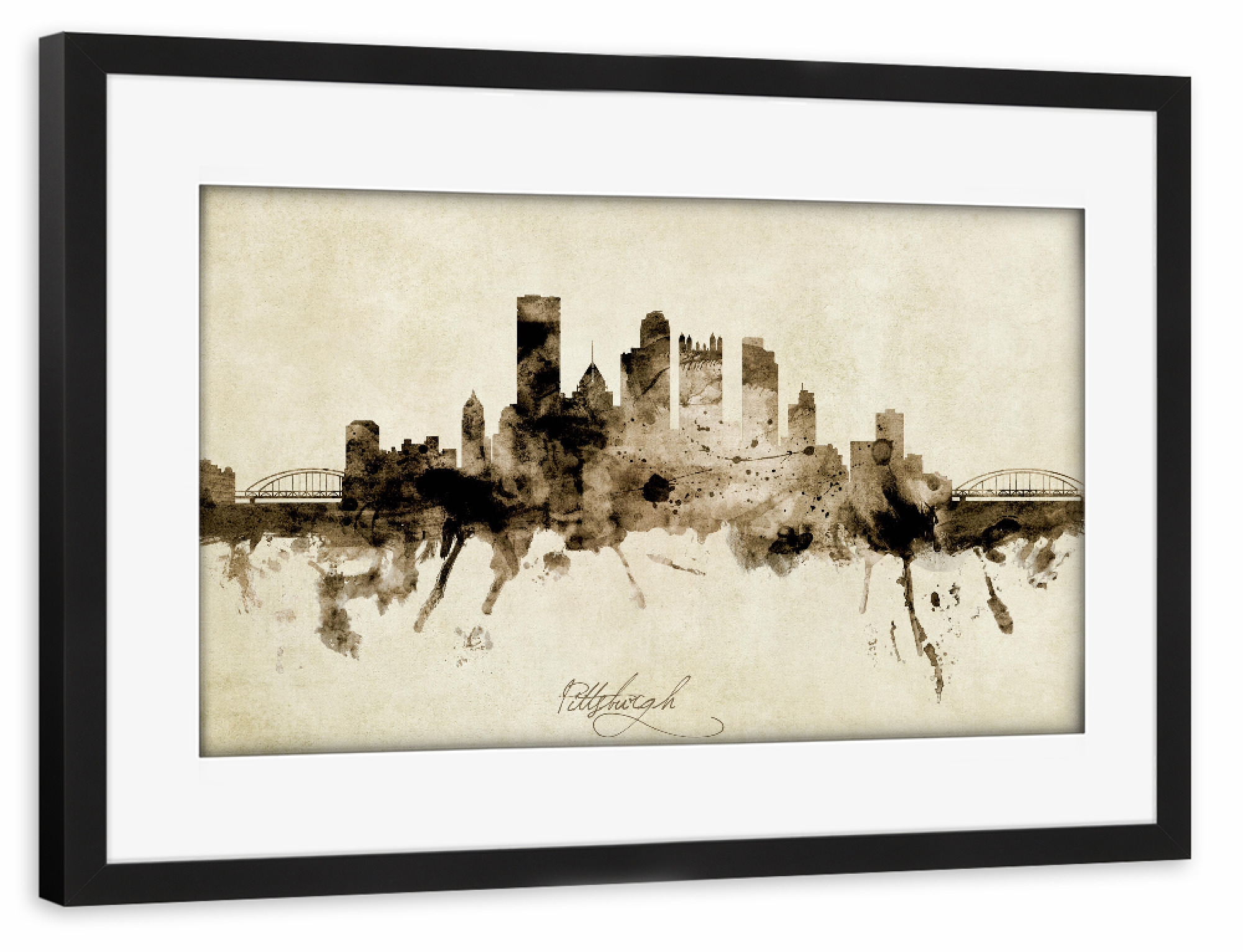 Poster mit Rahmen schwarz "Pittsburgh PA Skyline Sepia" artboxONE - Städte - Pittsburgh,Pennsylvania,Skyline,Cityscape,Stadtbild,Watercolor,Painting