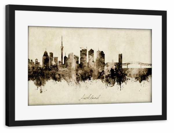 Poster mit Rahmen schwarz "Auckland New Zealand Skyline Sepia" artboxONE - Städte