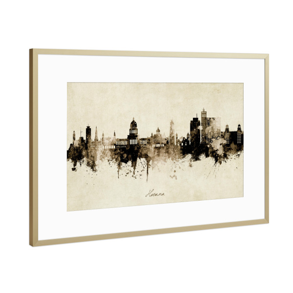 Poster mit Rahmen Gold "Havana Cuba Skyline Sepia" artboxONE - Städte - Havana,Cuba,Skyline,Cityscape,Stadtbild,Watercolor,Painting