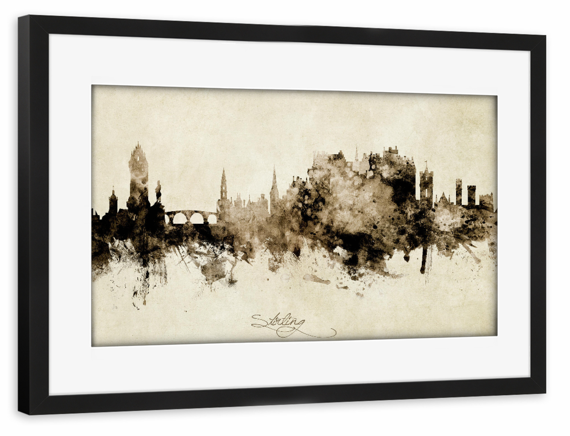 Poster mit Rahmen schwarz "Stirling Scotland Skyline Sepia" artboxONE - Städte - Stirling,Scotland,Skyline,Cityscape,Stadtbild,Watercolor,Painting
