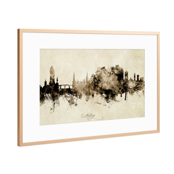 Poster mit Rahmen Kupfer "Stirling Scotland Skyline Sepia" artboxONE - Städte - Stirling,Scotland,Skyline,Cityscape,Stadtbild,Watercolor,Painting