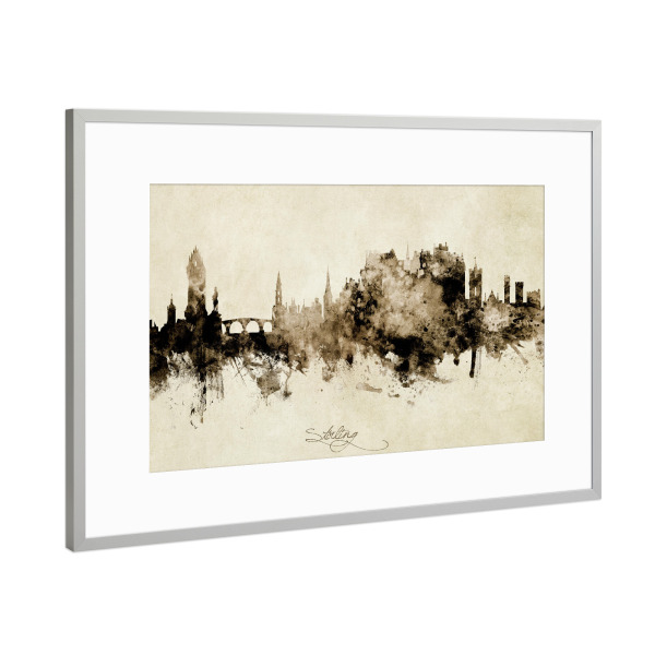Poster mit Rahmen Silber "Stirling Scotland Skyline Sepia" artboxONE - Städte - Stirling,Scotland,Skyline,Cityscape,Stadtbild,Watercolor,Painting