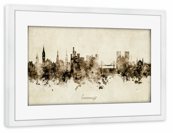Poster mit Rahmen weiß "Inverness Scotland Skyline Sepia" artboxONE - Städte - Inverness,Scotland,Skyline,Cityscape,Stadtbild,Watercolor,Painting