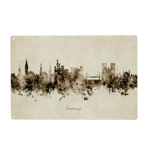 Metall Poster "Inverness Scotland Skyline Sepia" artboxONE - Städte - Inverness,Scotland,Skyline,Cityscape,Stadtbild,Watercolor,Painting