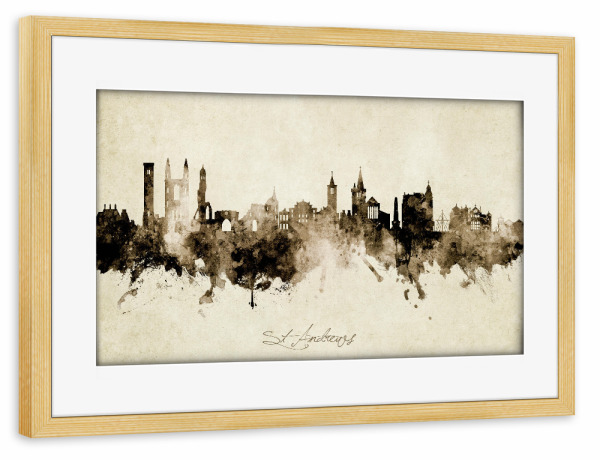 Poster mit Rahmen kiefer "St Andrews Scotland Skyline Sepia" artboxONE - Städte - St andrews,Scotland,Skyline,Cityscape,Stadtbild,Watercolor,Painting