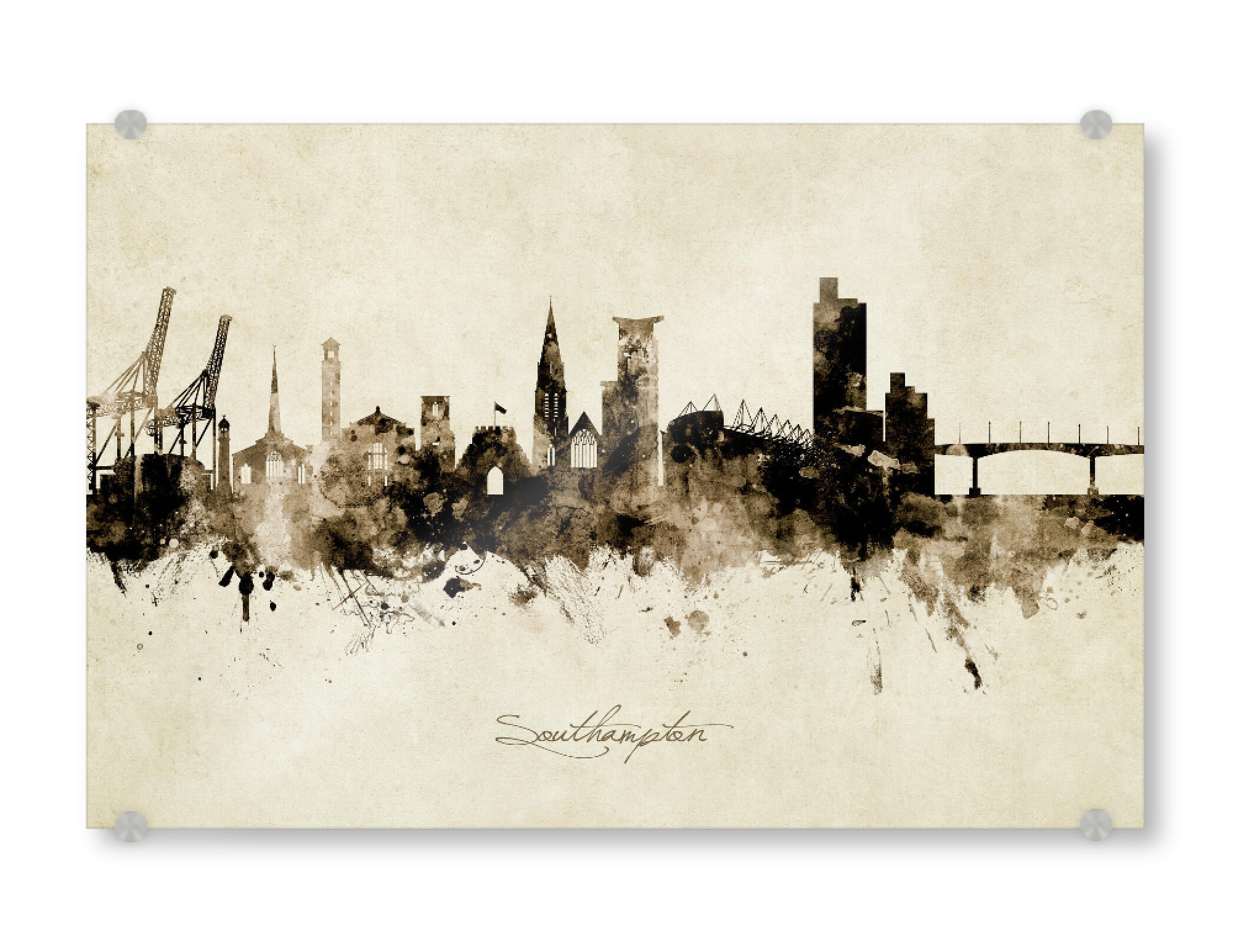 Acrylglasbild "Southampton England Skyline Sepia" artboxONE - Städte - Southampton,England,Skyline,Cityscape,Stadtbild,Watercolor,Painting
