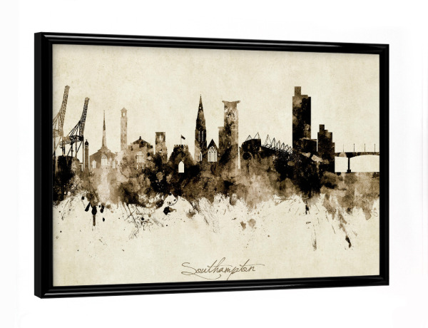 Poster mit schwarzem Rahmen "Southampton England Skyline Sepia" artboxONE - Städte