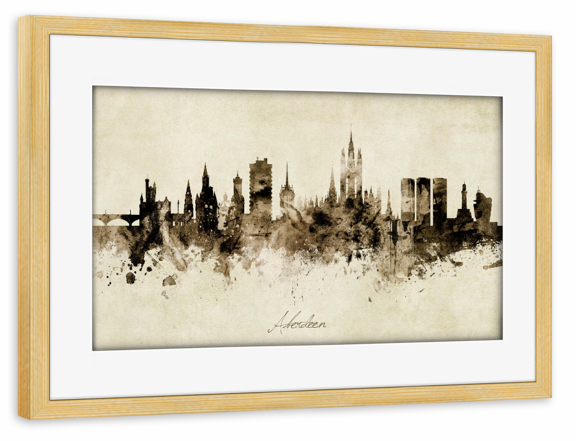 Poster mit Rahmen kiefer "Aberdeen Scotland Skyline Sepia" artboxONE - Städte - Aberdeen,Scotland,Skyline,Cityscape,Stadtbild,Watercolor,Painting