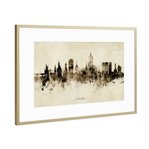 Poster mit Rahmen Gold "Aberdeen Scotland Skyline Sepia" artboxONE - Städte - Aberdeen,Scotland,Skyline,Cityscape,Stadtbild,Watercolor,Painting