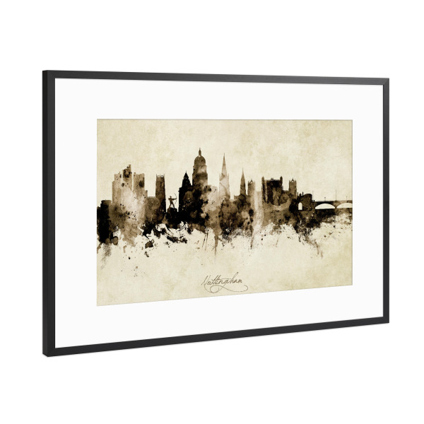 Poster mit Rahmen Schwarz (Metallic) "Nottingham England Skyline Sepia" artboxONE - Städte