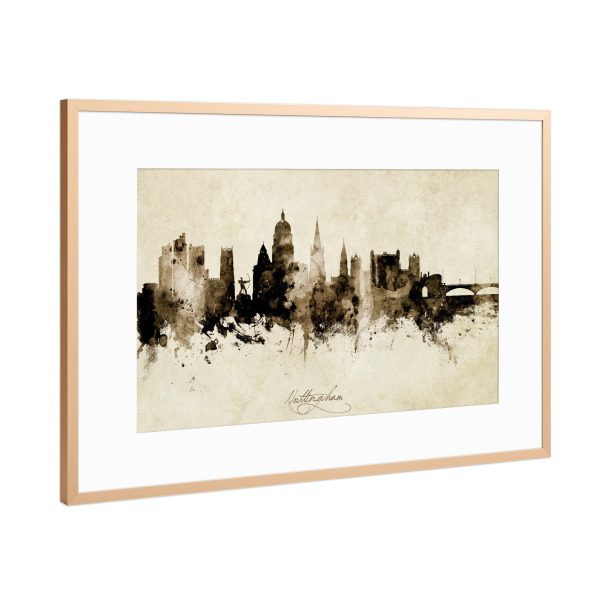 Poster mit Rahmen Kupfer "Nottingham England Skyline Sepia" artboxONE - Städte - Nottingham,England,Skyline,Cityscape,Stadtbild,Watercolor,Painting