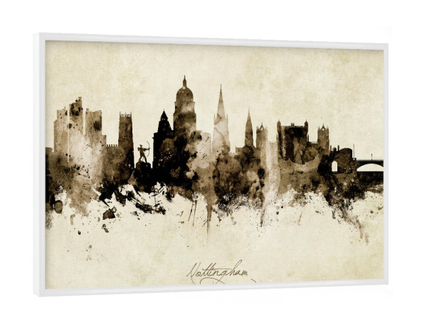 Poster mit weißem Rahmen "Nottingham England Skyline Sepia" artboxONE - Städte - Nottingham,England,Skyline,Cityscape,Stadtbild,Watercolor,Painting