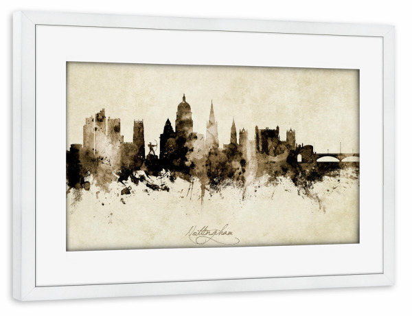 Poster mit Rahmen weiß "Nottingham England Skyline Sepia" artboxONE - Städte - Nottingham,England,Skyline,Cityscape,Stadtbild,Watercolor,Painting