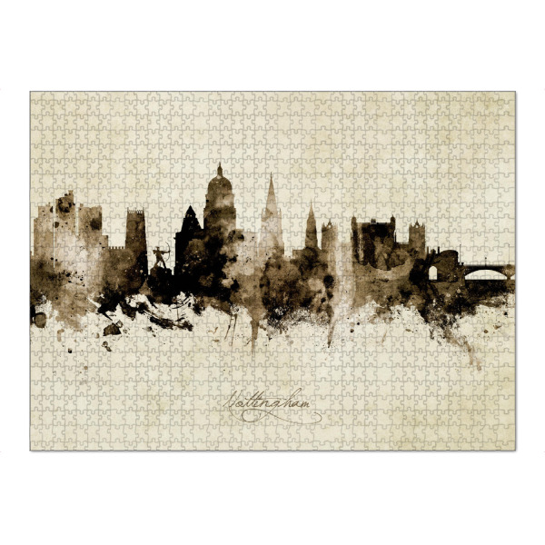 Puzzle Ravensburger "Nottingham England Skyline Sepia" artboxONE - Städte - Nottingham,England,Skyline,Cityscape,Stadtbild,Watercolor,Painting