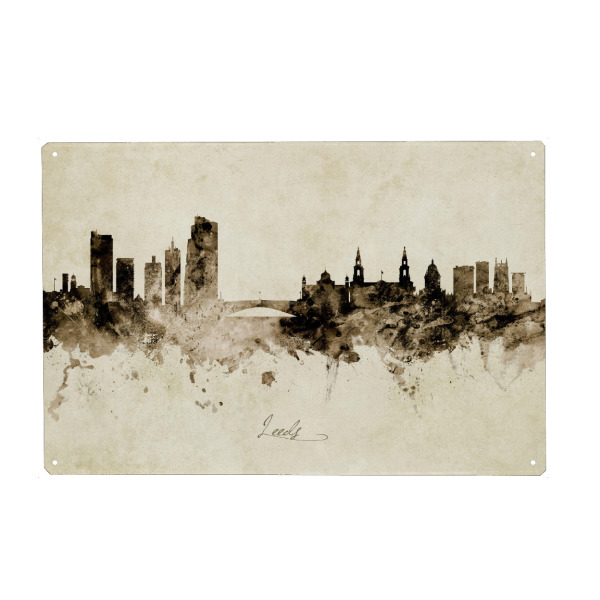 Holzbild "Leeds England Skyline Sepia" artboxONE - Städte - Leeds,England,Skyline,Cityscape,Stadtbild,Watercolor,Painting