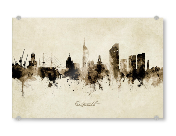 Acrylglasbild "Portsmouth England Skyline Sepia" artboxONE - Städte - Portsmouth,England,Skyline,Cityscape,Stadtbild,Watercolor,Painting