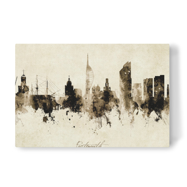 Leinwandbild "Portsmouth England Skyline Sepia" artboxONE - Städte - Portsmouth,England,Skyline,Cityscape,Stadtbild,Watercolor,Painting