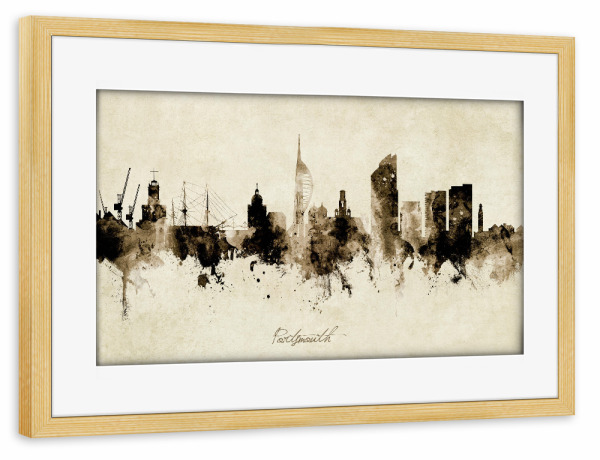 Poster mit Rahmen kiefer "Portsmouth England Skyline Sepia" artboxONE - Städte - Portsmouth,England,Skyline,Cityscape,Stadtbild,Watercolor,Painting