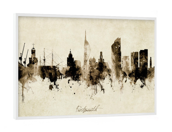 Poster mit weißem Rahmen "Portsmouth England Skyline Sepia" artboxONE - Städte - Portsmouth,England,Skyline,Cityscape,Stadtbild,Watercolor,Painting