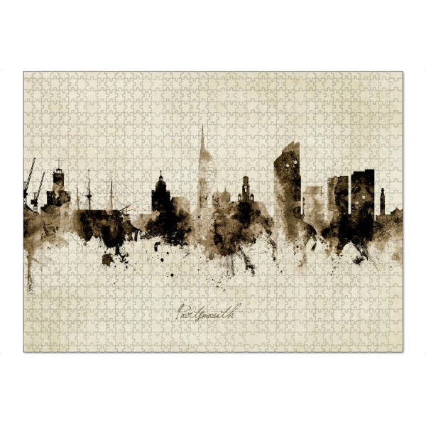 Puzzle Ravensburger "Portsmouth England Skyline Sepia" artboxONE - Städte - Portsmouth,England,Skyline,Cityscape,Stadtbild,Watercolor,Painting