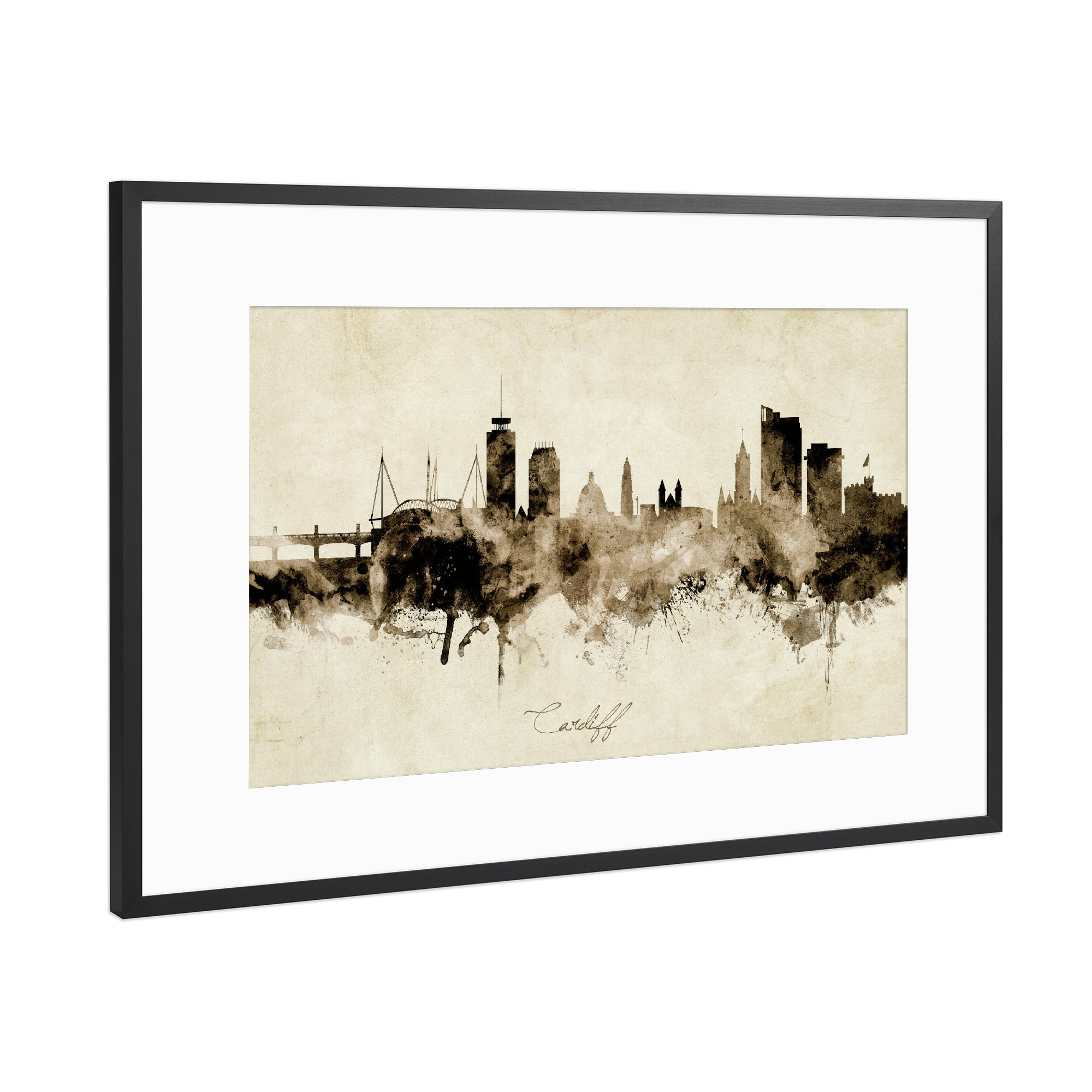 Poster mit Rahmen Schwarz (Metallic) "Cardiff Wales Skyline Sepia" artboxONE - Städte - Cardiff,Wales,Skyline,Cityscape,Stadtbild,Watercolor,Painting